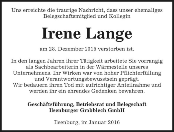Traueranzeige von Irene Lange  von Magdeburger Volksstimme