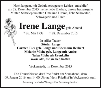 Traueranzeige von Irene Lange (geb. Ahrend)  von Magdeburger Volksstimme