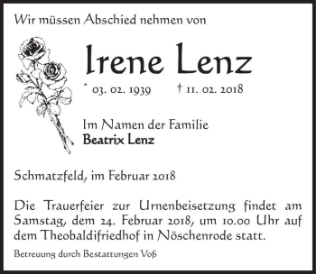 Traueranzeige von Irene Lenz  von Magdeburger Volksstimme