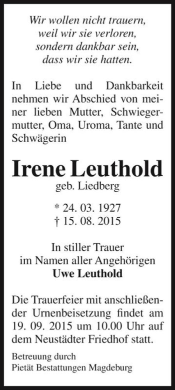 Traueranzeige von Irene Leuthold (geb. Liedberg)  von Magdeburger Volksstimme