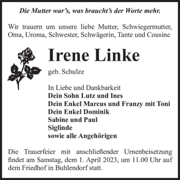 Traueranzeige von Irene Linke (geb. Schulze)  von Magdeburger Volksstimme