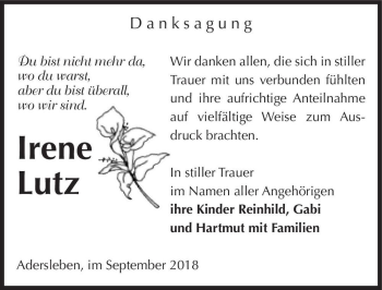Traueranzeige von Irene Lutz  von Magdeburger Volksstimme