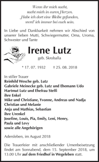 Traueranzeige von Irene Lutz (geb. Skroballa)  von Magdeburger Volksstimme