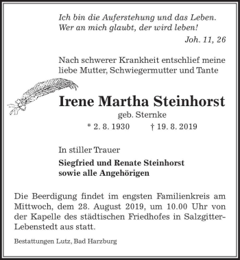 Traueranzeige von Irene Martha Steinhorst (geb. Sternke)  von Magdeburger Volksstimme