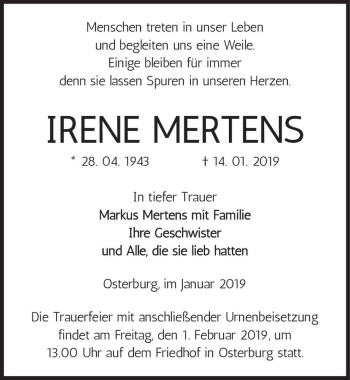 Traueranzeige von Irene Mertens  von Magdeburger Volksstimme