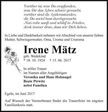 Traueranzeige von Irene Mätz (geb. Wedekind)  von Magdeburger Volksstimme