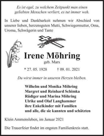 Traueranzeige von Irene Möhring (geb. Marx)  von Magdeburger Volksstimme