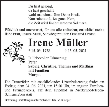 Traueranzeige von Irene Müller  von Magdeburger Volksstimme