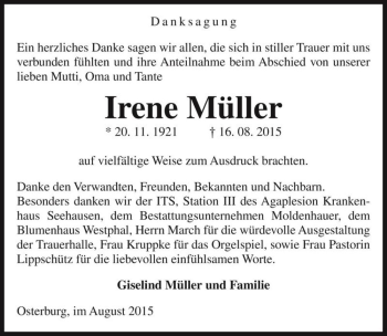 Traueranzeige von Irene Müller  von Magdeburger Volksstimme