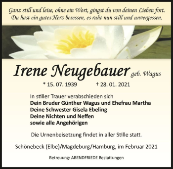 Traueranzeige von Irene Neugebauer (geb. Wagus)  von Magdeburger Volksstimme