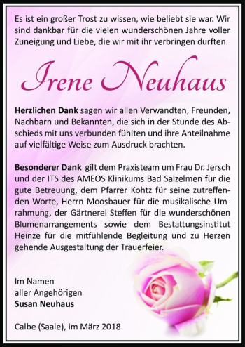 Traueranzeige von Irene Neuhaus  von Magdeburger Volksstimme