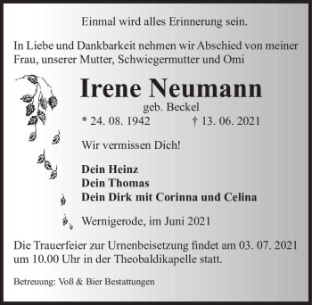 Traueranzeige von Irene Neumann (geb. Beckel)  von Magdeburger Volksstimme