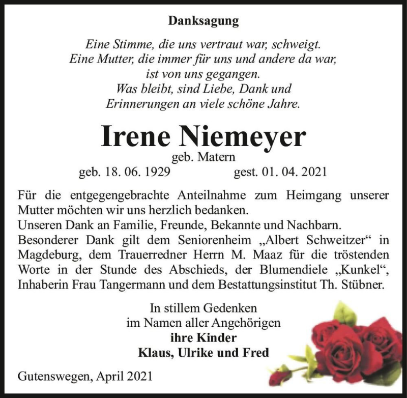  Traueranzeige für Irene Niemeyer (geb. Matern)  vom 30.04.2021 aus Magdeburger Volksstimme
