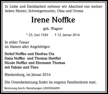 Traueranzeige von Irene Noffke (geb. Wagner)  von Magdeburger Volksstimme