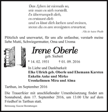 Traueranzeige von Irene Oberle (geb. Siebert)  von Magdeburger Volksstimme