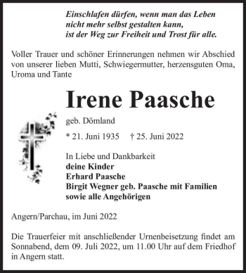 Traueranzeige von Irene Paasche (geb. Dömland)  von Magdeburger Volksstimme