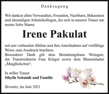 Traueranzeige von Irene Pakulat  von Magdeburger Volksstimme