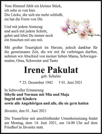 Traueranzeige von Irene Pakulat (geb. Schulze)  von Magdeburger Volksstimme