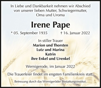 Traueranzeige von Irene Pape  von Magdeburger Volksstimme