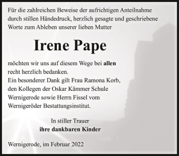Traueranzeige von Irene Pape  von Magdeburger Volksstimme
