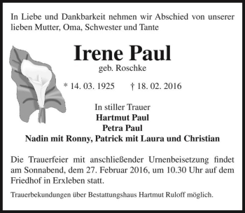 Traueranzeige von Irene Paul (geb. Roschke)  von Magdeburger Volksstimme