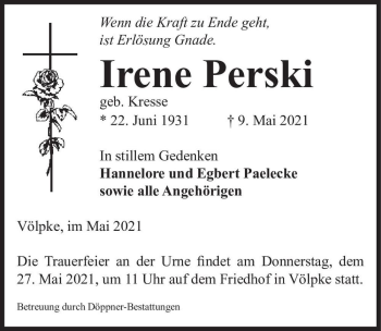 Traueranzeige von Irene Perski (geb. Kresse)  von Magdeburger Volksstimme