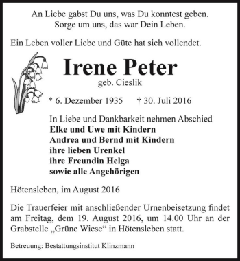 Traueranzeige von Irene Peter (geb. Cieslik)  von Magdeburger Volksstimme