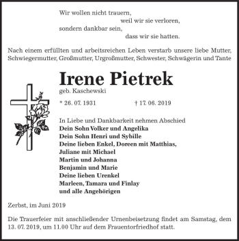 Traueranzeige von Irene Pietrek (geb. Kaschewski)  von Magdeburger Volksstimme