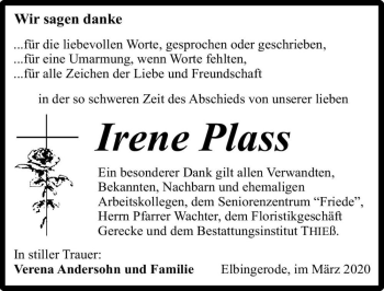 Traueranzeige von Irene Plass  von Magdeburger Volksstimme