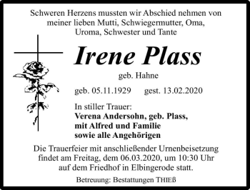 Traueranzeige von Irene Plass (geb. Hahne)  von Magdeburger Volksstimme