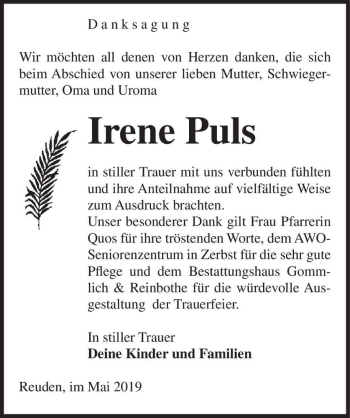 Traueranzeige von Irene Puls  von Magdeburger Volksstimme