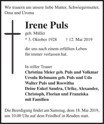 Traueranzeige von Irene Puls (geb. Müller)  von Magdeburger Volksstimme