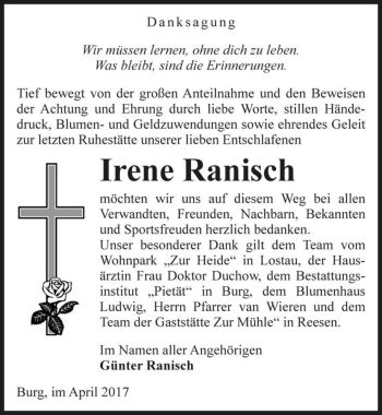 Traueranzeige von Irene Ranisch  von Magdeburger Volksstimme