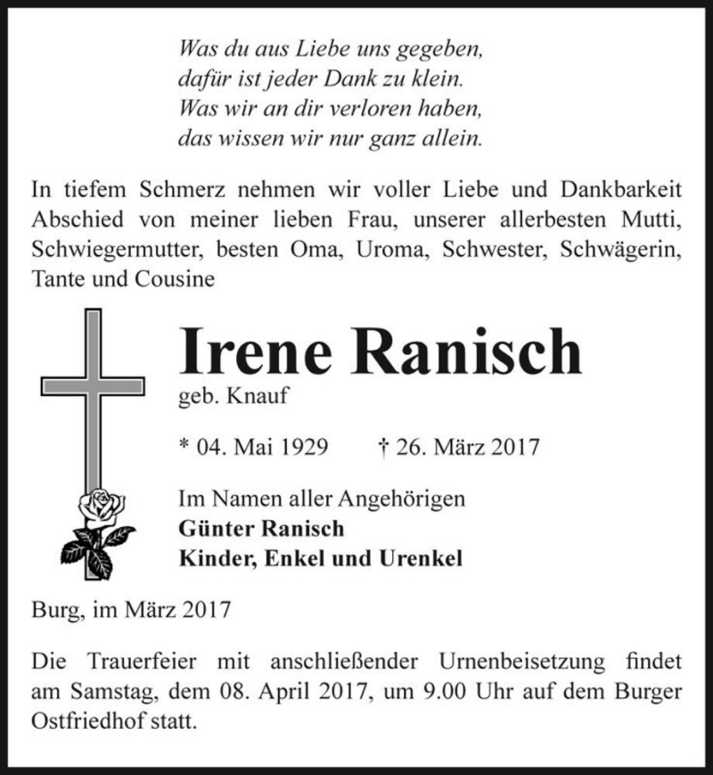  Traueranzeige für Irene Ranisch (geb. Knauf)  vom 30.03.2017 aus Magdeburger Volksstimme