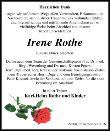 Traueranzeige von Irene Rothe  von Magdeburger Volksstimme
