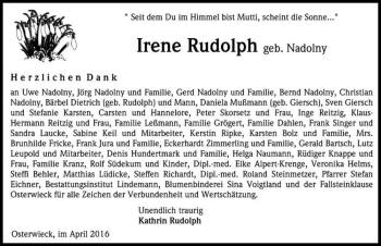 Traueranzeige von Irene Rudolph (geb. Nadolny)  von Magdeburger Volksstimme