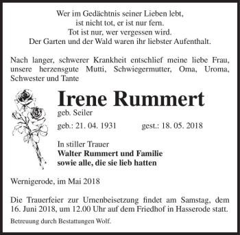 Traueranzeige von Irene Rummert (geb. Seiler)  von Magdeburger Volksstimme