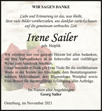 Traueranzeige von Irene Sailer (geb. Haiplik)  von Magdeburger Volksstimme