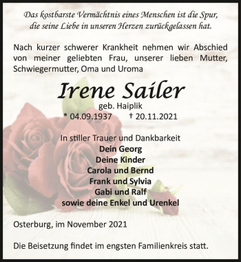 Traueranzeige von Irene Sailer (geb. Haiplik)  von Magdeburger Volksstimme