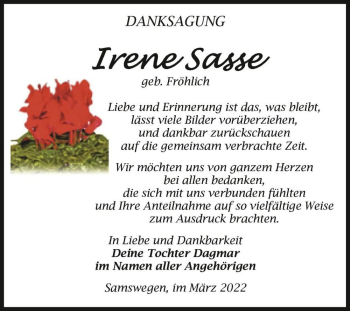 Traueranzeige von Irene Sasse (geb. Fröhlich)  von Magdeburger Volksstimme