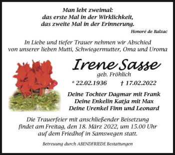 Traueranzeige von Irene Sasse (geb. Fröhlich)  von Magdeburger Volksstimme