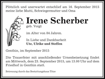 Traueranzeige von Irene Scherber (geb. Voigt)  von Magdeburger Volksstimme