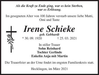 Traueranzeige von Irene Schieke (geb. Gebhardt)  von Magdeburger Volksstimme