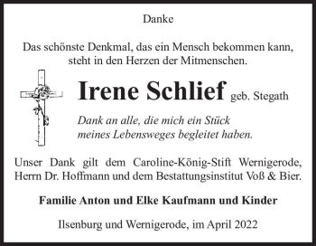 Traueranzeige von Irene Schlief (geb. Stegath)  von Magdeburger Volksstimme