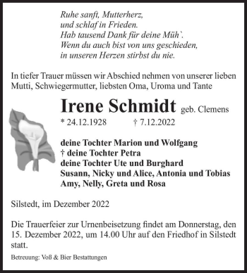 Traueranzeige von Irene Schmidt (geb. Clemens)  von Magdeburger Volksstimme