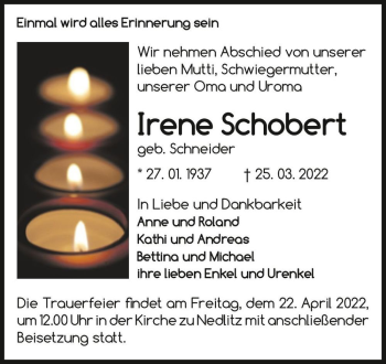 Traueranzeige von Irene Schobert (geb. Schneider)  von Magdeburger Volksstimme