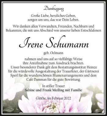Traueranzeige von Irene Schumann (geb. Oelmann)  von Magdeburger Volksstimme