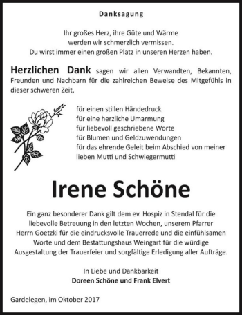 Traueranzeige von Irene Schöne  von Magdeburger Volksstimme