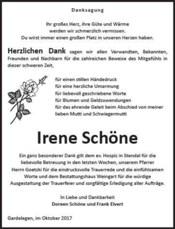 Traueranzeige von Irene Schöne  von Magdeburger Volksstimme