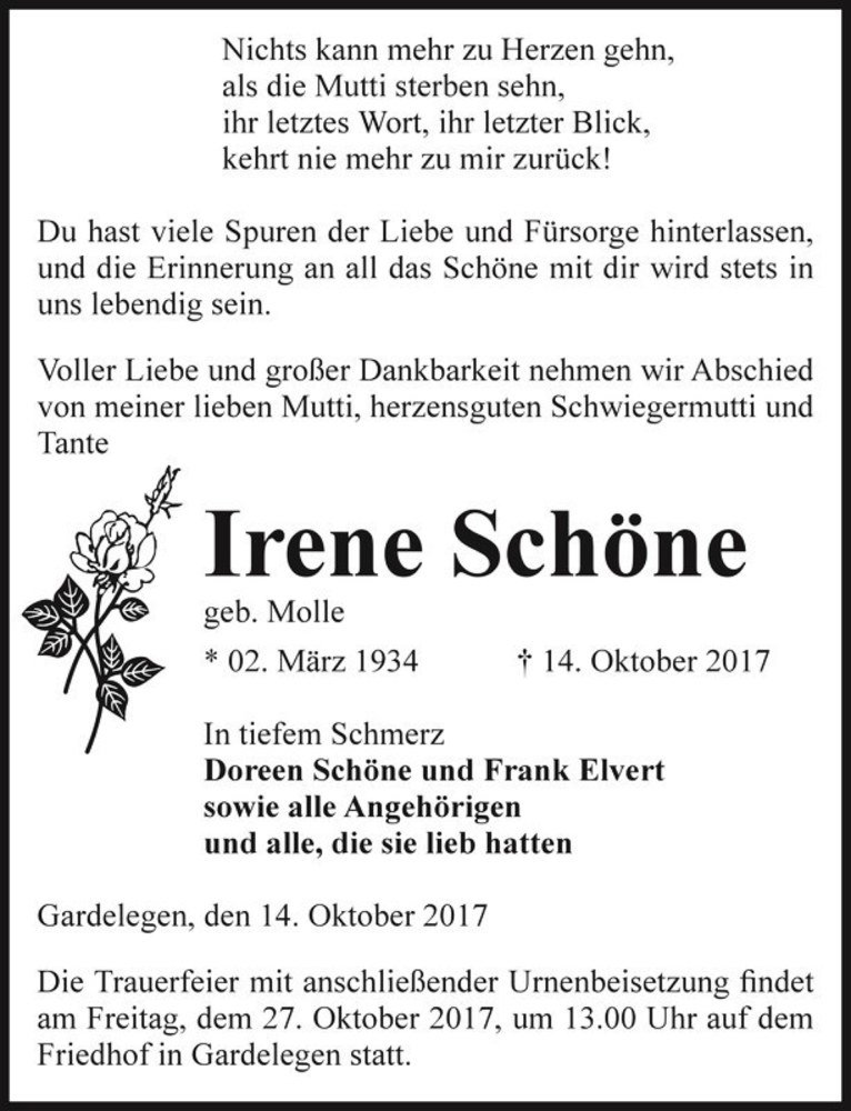  Traueranzeige für Irene Schöne (geb. Molle)  vom 21.10.2017 aus Magdeburger Volksstimme